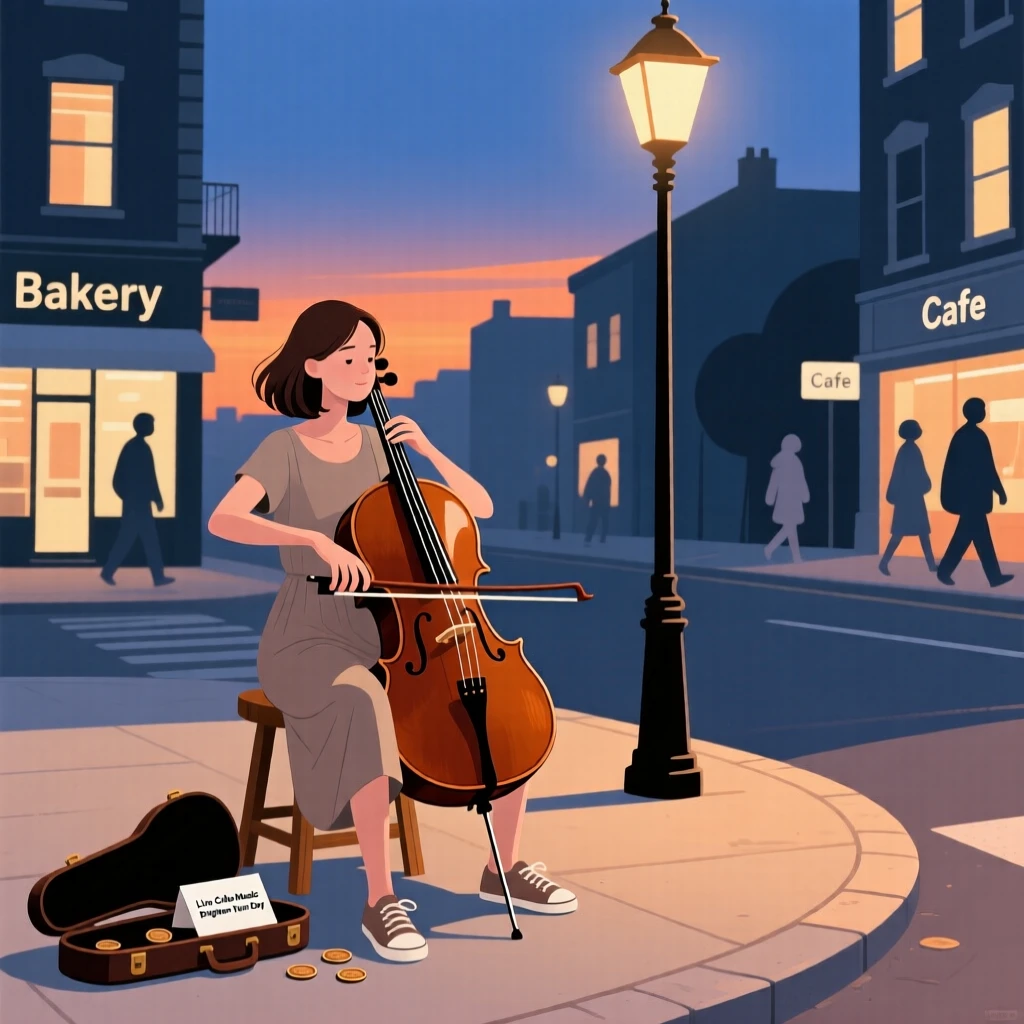 A street musician playing cello on a lively city corner at dusk.
