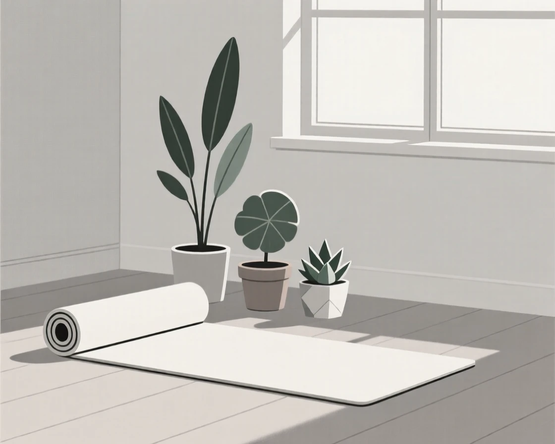 A tidy yoga mat on the floor arranged near a small houseplant collection in a modern townhouse, expressing mindful presence.