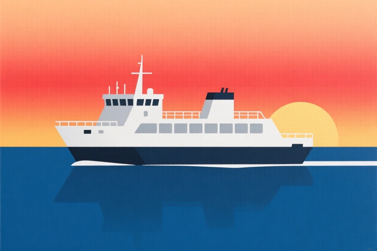 A ferry crossing a calm strait at sunset