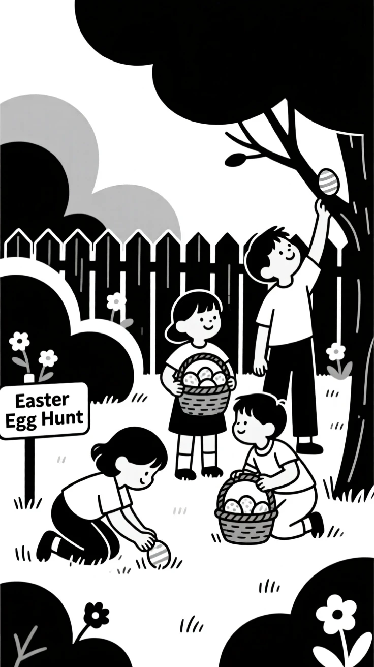 Children hunting for Easter eggs in a garden.