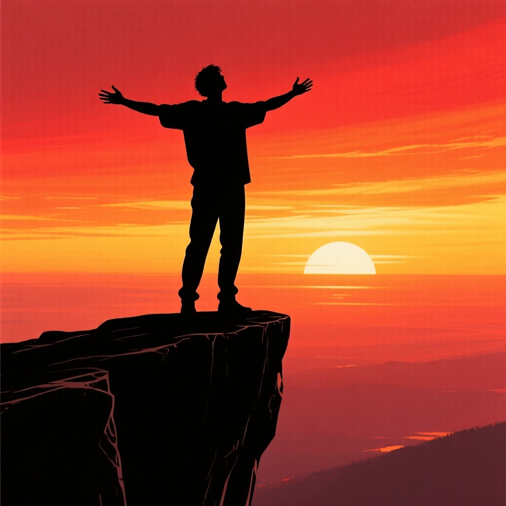 A person standing at a cliff's edge with arms spread wide, facing an open horizon.