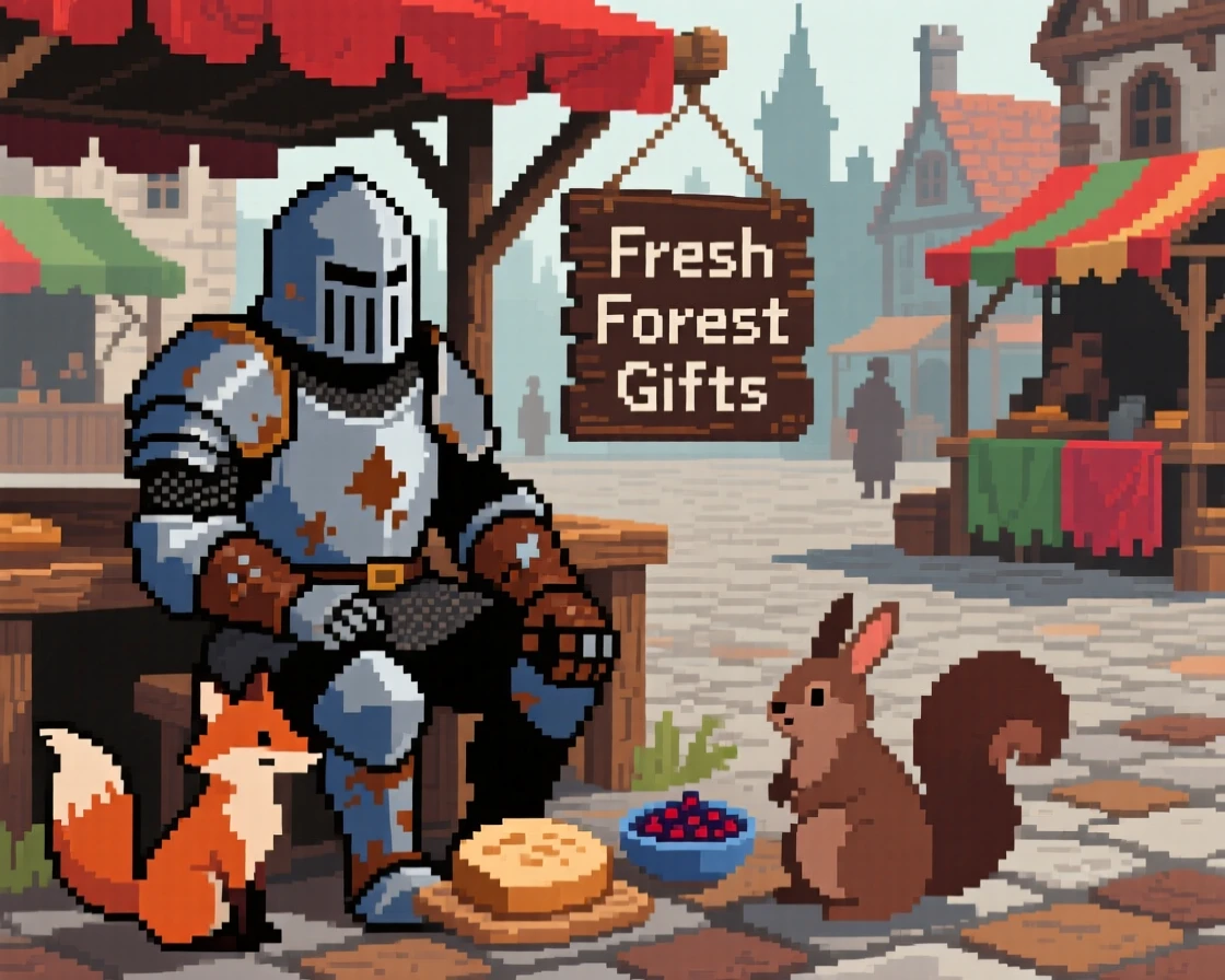 A knight in mismatched armor sharing a meal with woodland creatures, in a market square of a fantasy town.