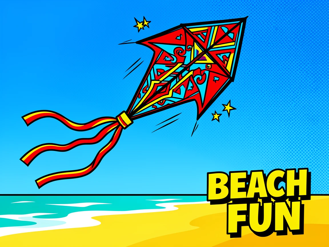 An elaborate kite soaring high above a sunny beach