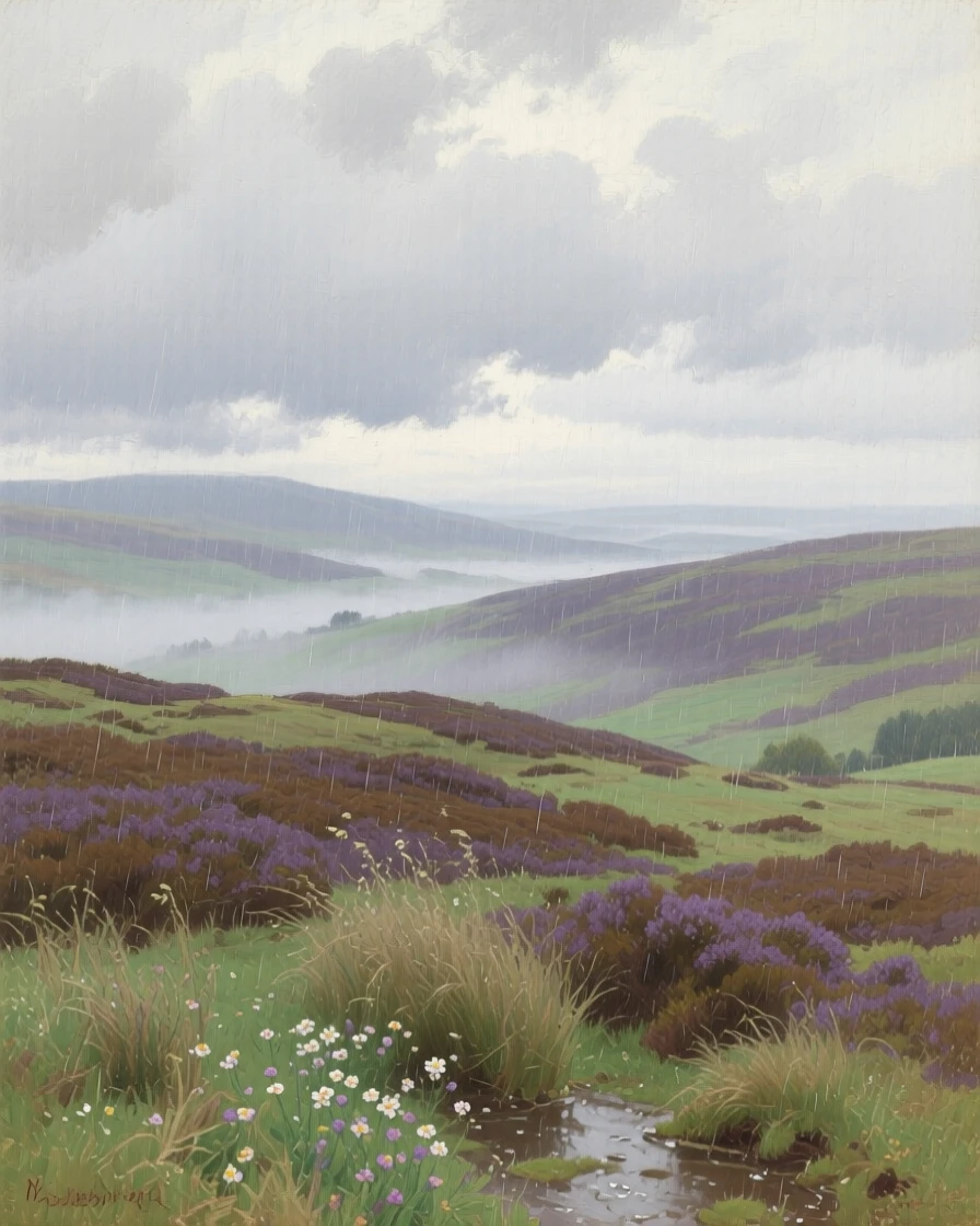A broad landscape view of a misty highland moor stretching beneath low clouds, in the 1940s, during a gentle spring shower.