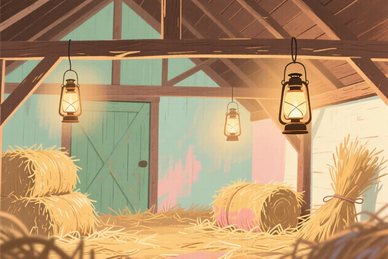A barn loft filled with golden straw and hanging lanterns