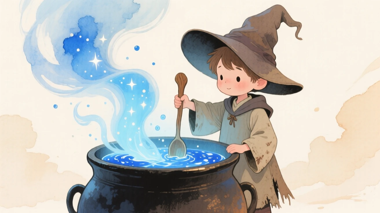 A tiny wizard apprentice in an oversized hat stirs a bubbling cauldron that overflows with sparkling blue smoke
