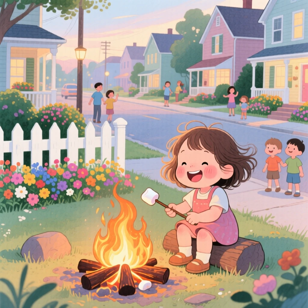 A giggling toddler girl roasting marshmallows over a crackling campfire, in a small-town street lined with picket fences, full of innocent laughter and delight.