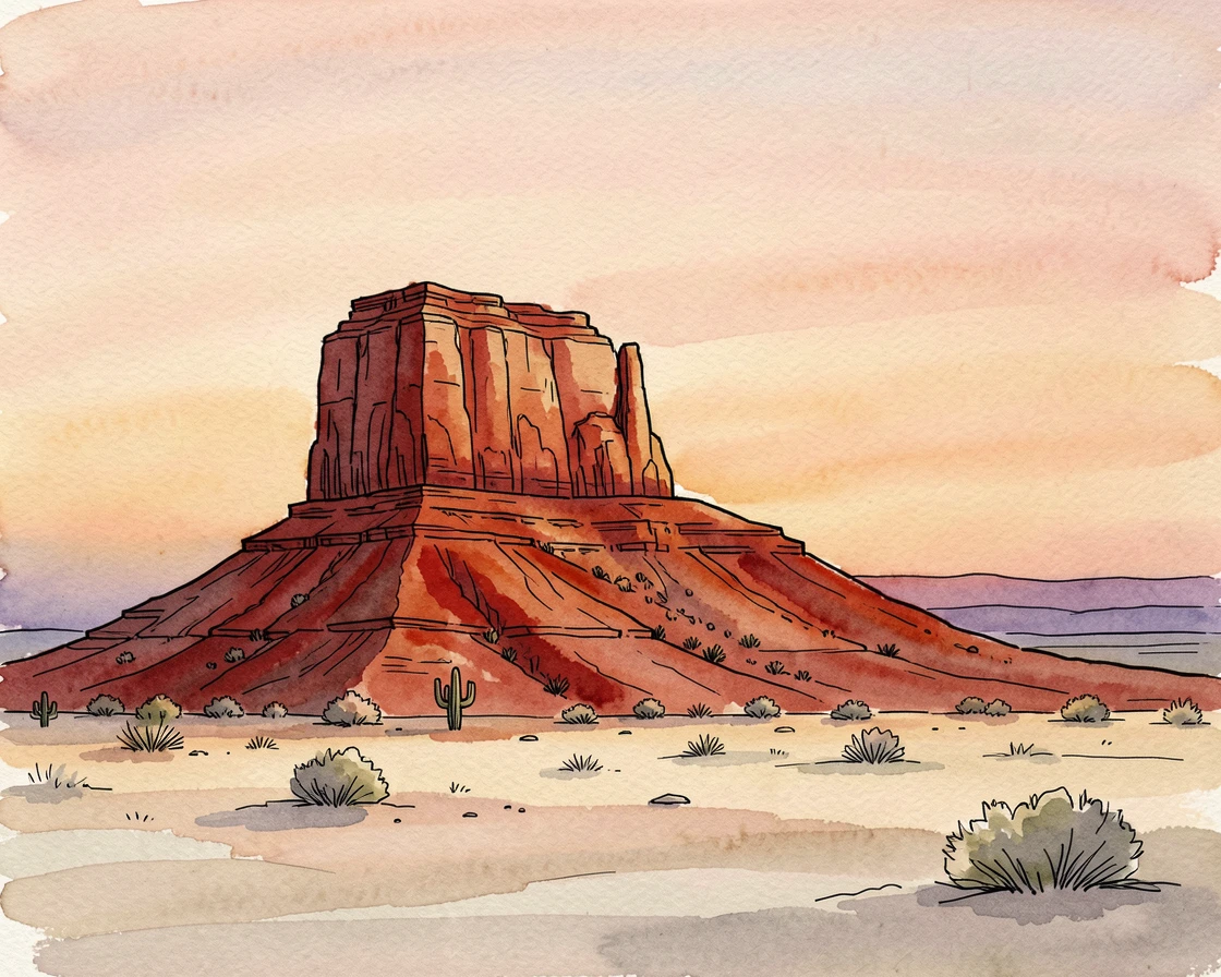 A high desert mesa glowing red in the last light of evening, the last rays of sunset painting the sky in warm color.
