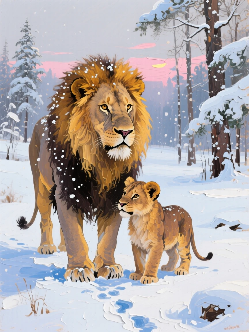 a young lion standing beside its mother, after a gentle snowfall, from an inviting eye-level viewpoint.