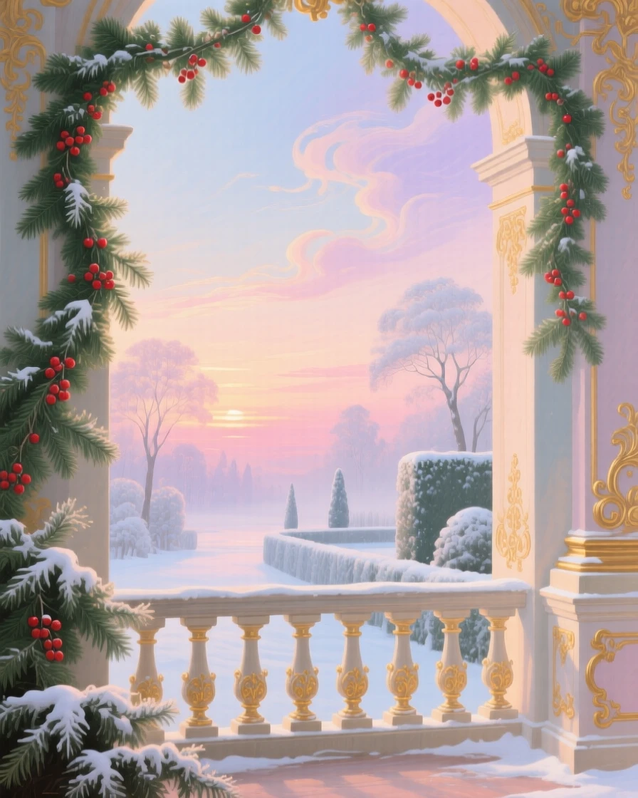 A winter sunrise seen from a palace balcony draped with evergreen garlands  