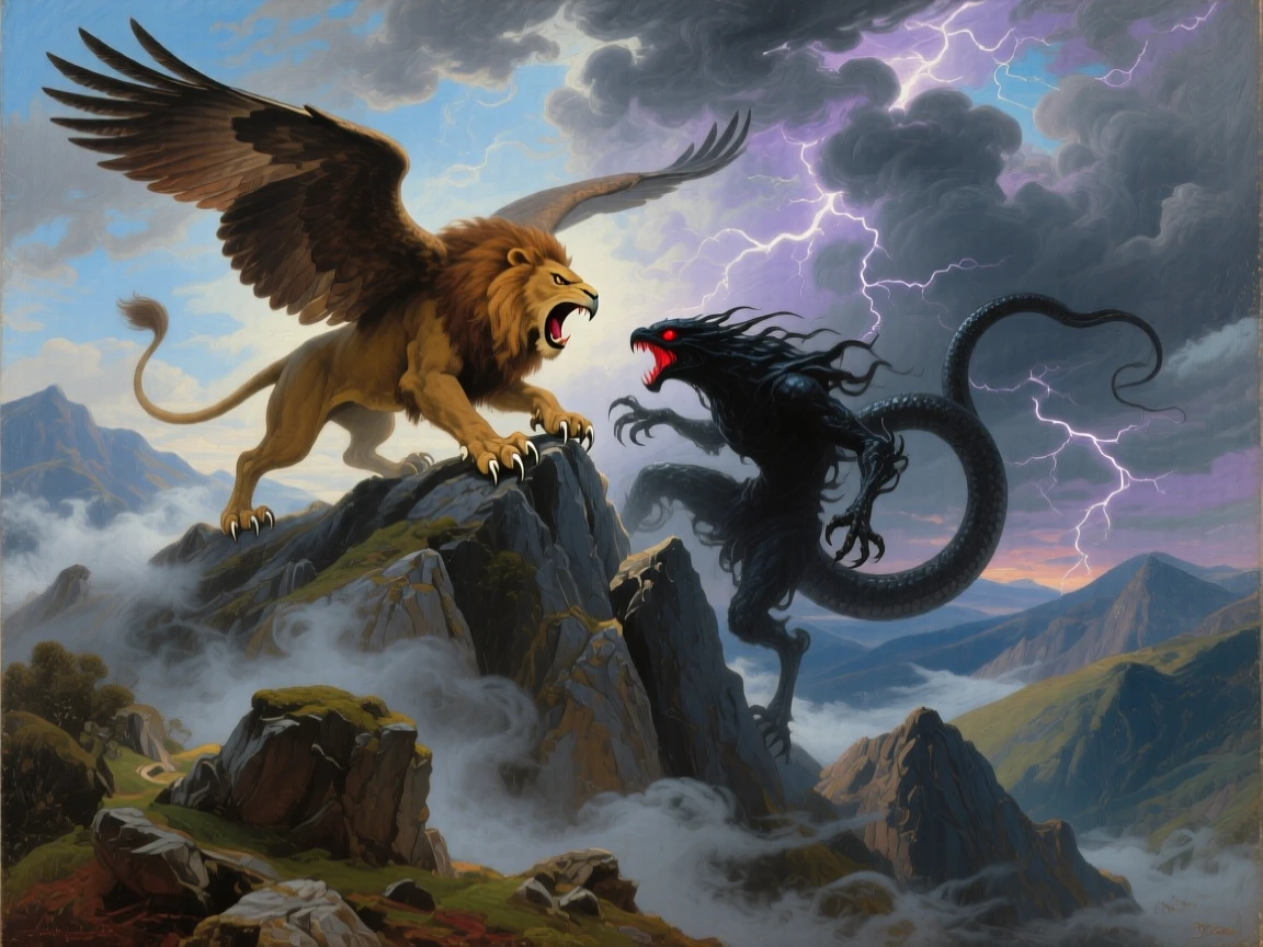 A griffin battles a monster within a mountain peak wreathed in mist beneath a sky of swirling clouds.
