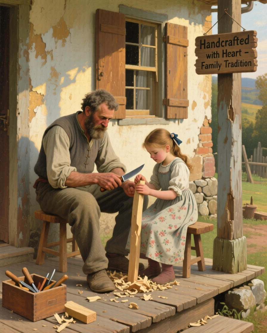 A father teaching his daughter to whittle wood on the back porch, with warm afternoon light streaming through nearby windows, offering a heartwarming glimpse into ordinary, meaningful moments