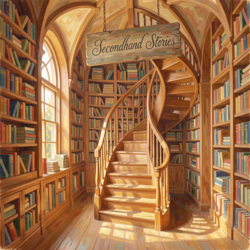 A charming secondhand bookstore with a spiral staircase and shelves stacked to a vaulted ceiling.
