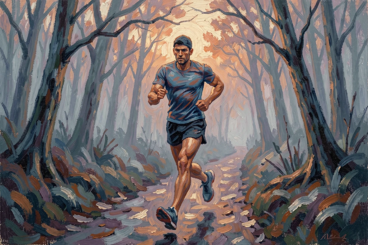 A determined runner training alone on a foggy morning trail before sunrise.