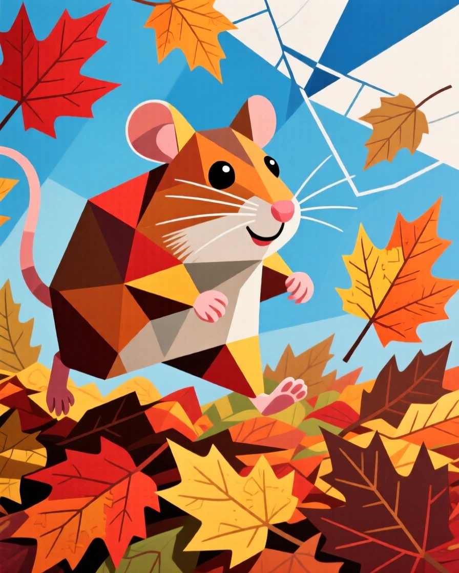 A charming portrait of a tiny hamster bounding through a pile of autumn leaves, on a crisp autumn day.