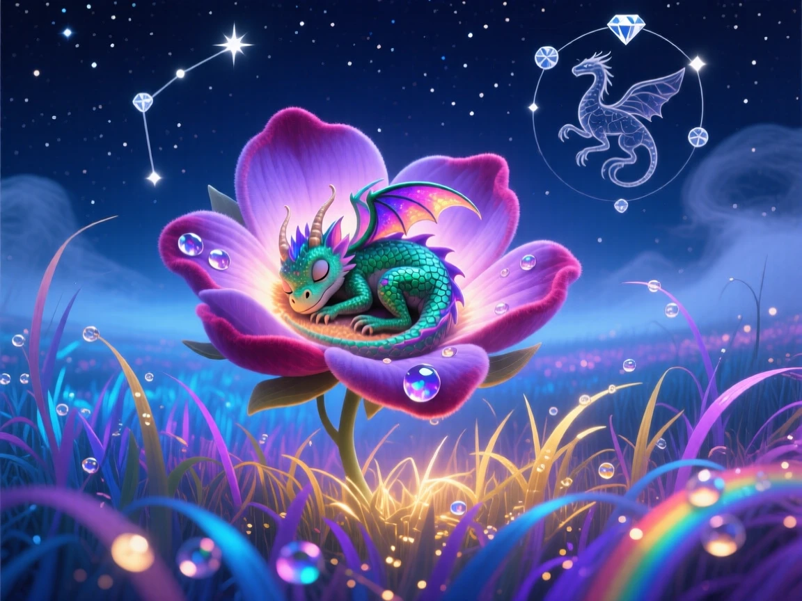 A tiny dragon curled asleep inside an open flower blossom moves gracefully through a field of tall glowing grass, as the whole scene glows faintly under a starlit sky.