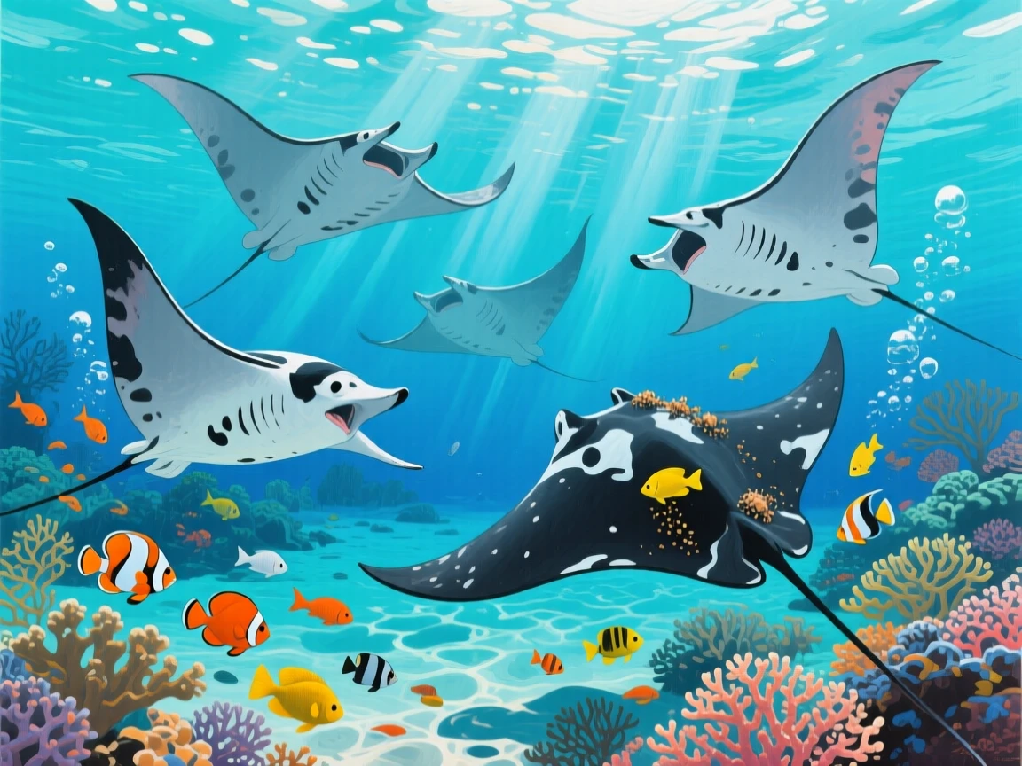 A group of manta rays glides in slow circles through a cleaning station in the Maldives, their massive wings undulating gracefully as small fish tend to their skin, the moment captured with a sense of calm intimacy despite the wild setting.