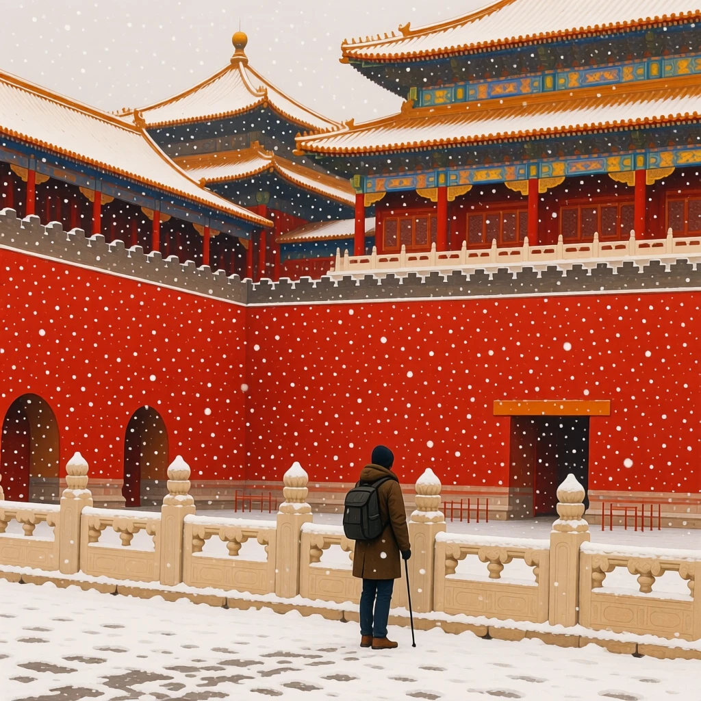 The Forbidden City's red walls beneath falling snow, as the first snow of winter begins to fall, a lone traveler pausing to take in the view
