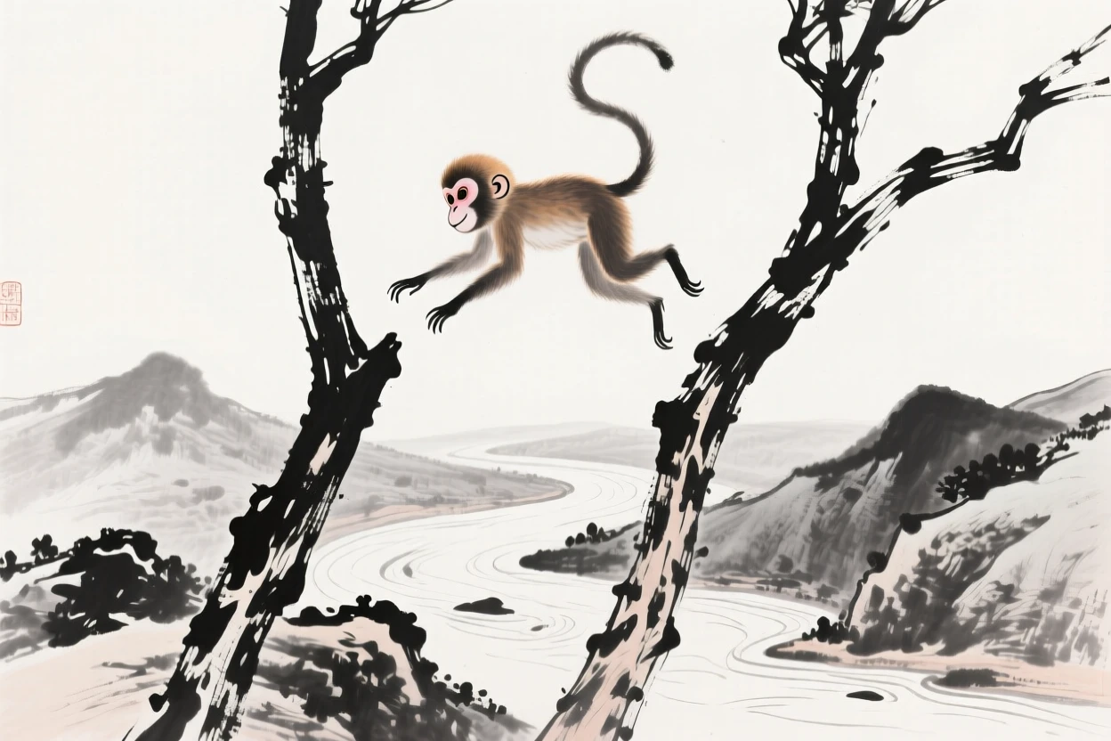 A young monkey leaps between two swaying branches, high above a winding mountain river.