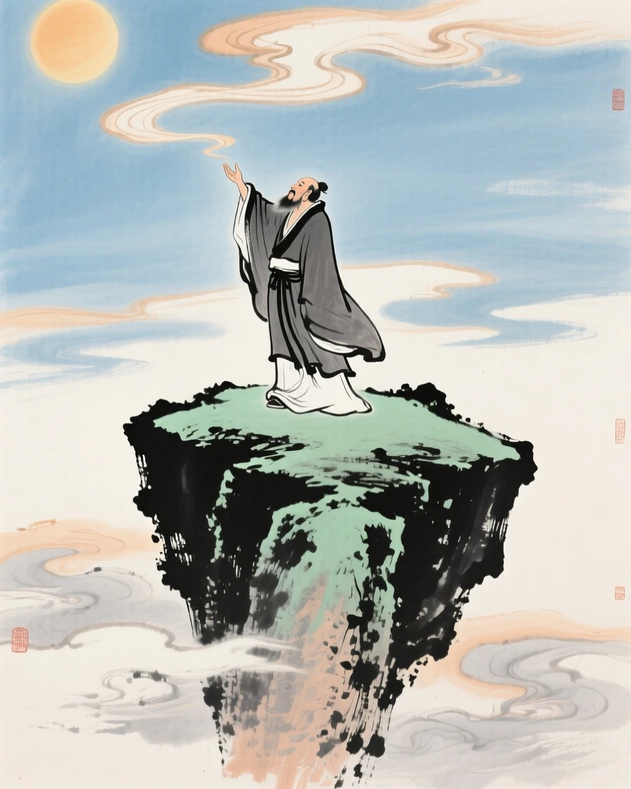An ancient sage summoning clouds from atop a floating peak, evoking a sense of quiet solitude, at midday.