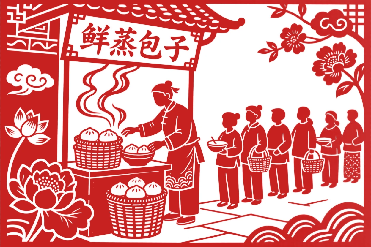 A street vendor steaming baskets of buns at a corner stall, customers lining up with bowls and baskets