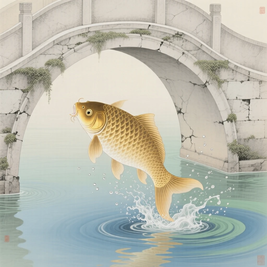 A single golden carp leaping from the water under a curved stone bridge