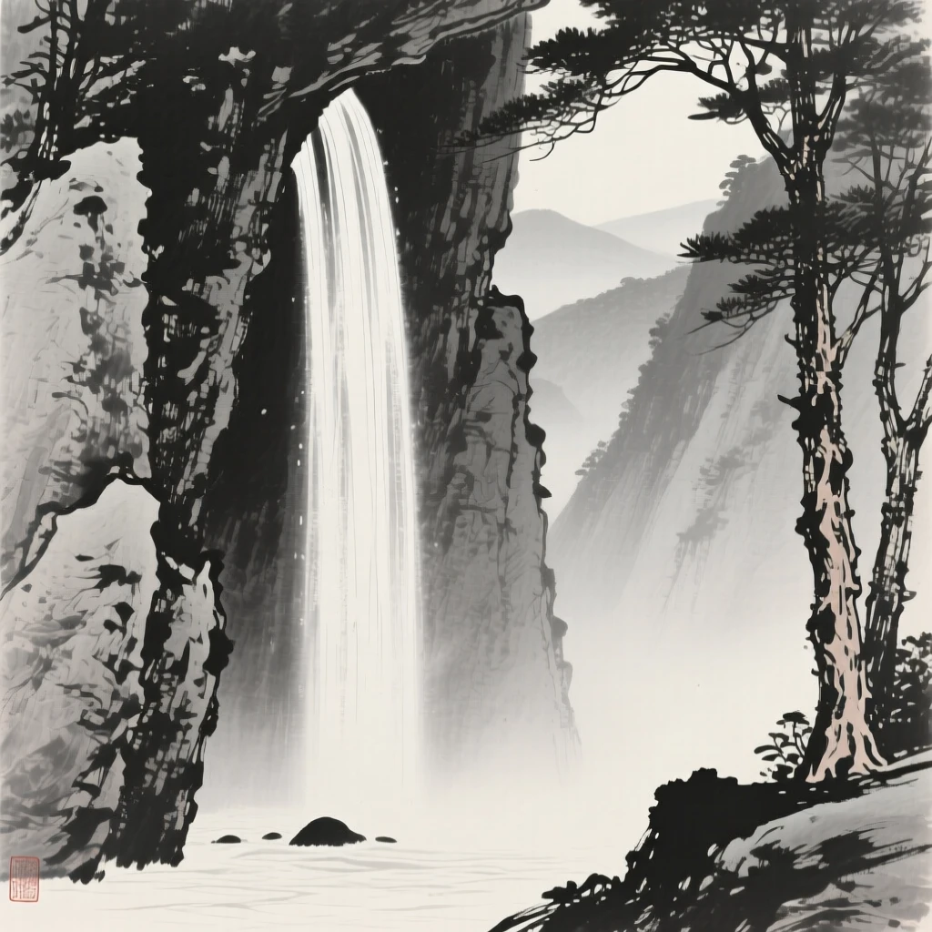 A hidden grotto behind a curtain of falling water beneath towering rock walls softened by haze, framed through a gap in the trees, revealing the valley beyond, conveying calm reflection and gentle isolation.