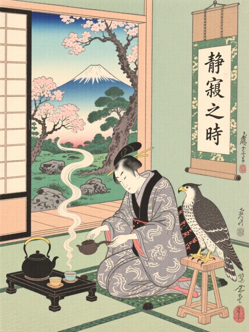 A falconer carefully pouring tea in a quiet tatami room.
