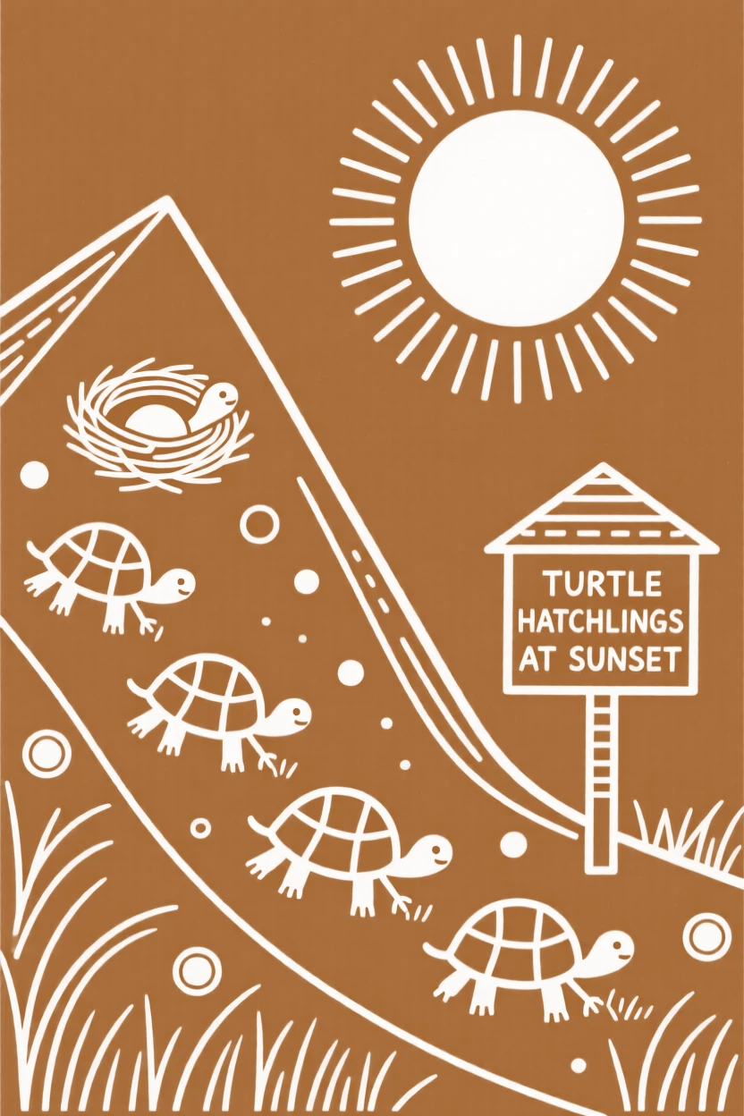A nest of turtle hatchlings grazing on a hillside at sunset.