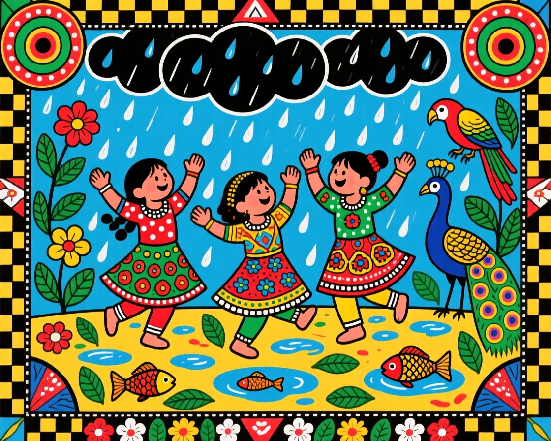 Children dancing joyfully in the rain during the season's first storm.
