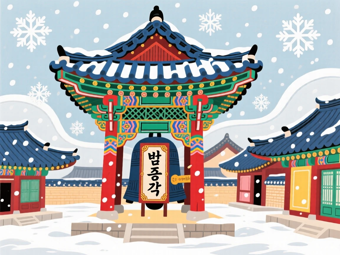 A bell tower rising above a temple complex during a gentle snowfall.