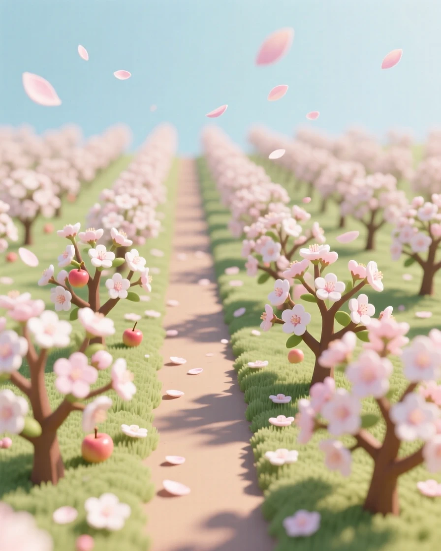 A quiet orchard in full bloom, rows of blossoming trees stretching into the distance, and petals drifting gently in the spring breeze.