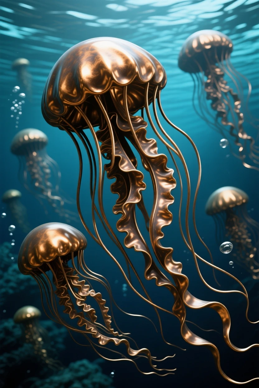 A school of jellyfish glowing in deep ocean water, with elegant, flowing form, evoking wonder and majesty