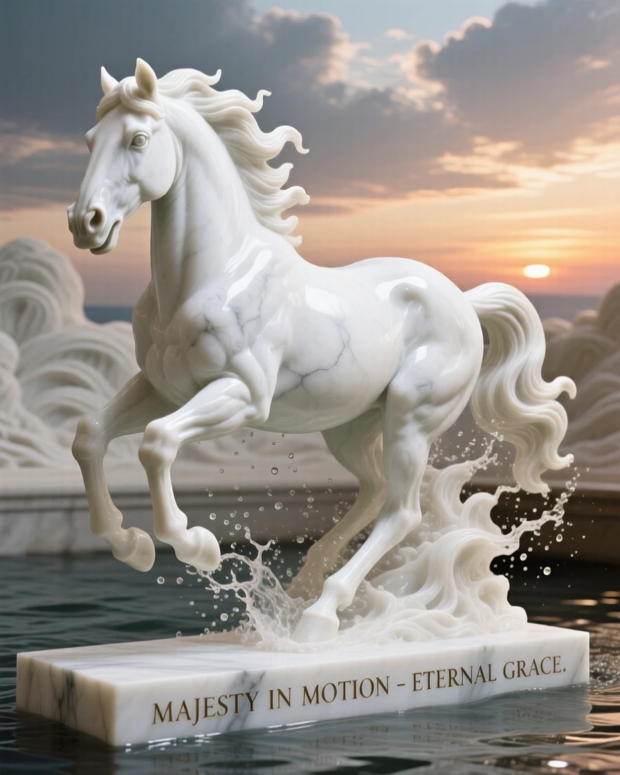 A striking close-up of a majestic white horse galloping through shallow water, full of life and grace, against a dramatic sunset sky
