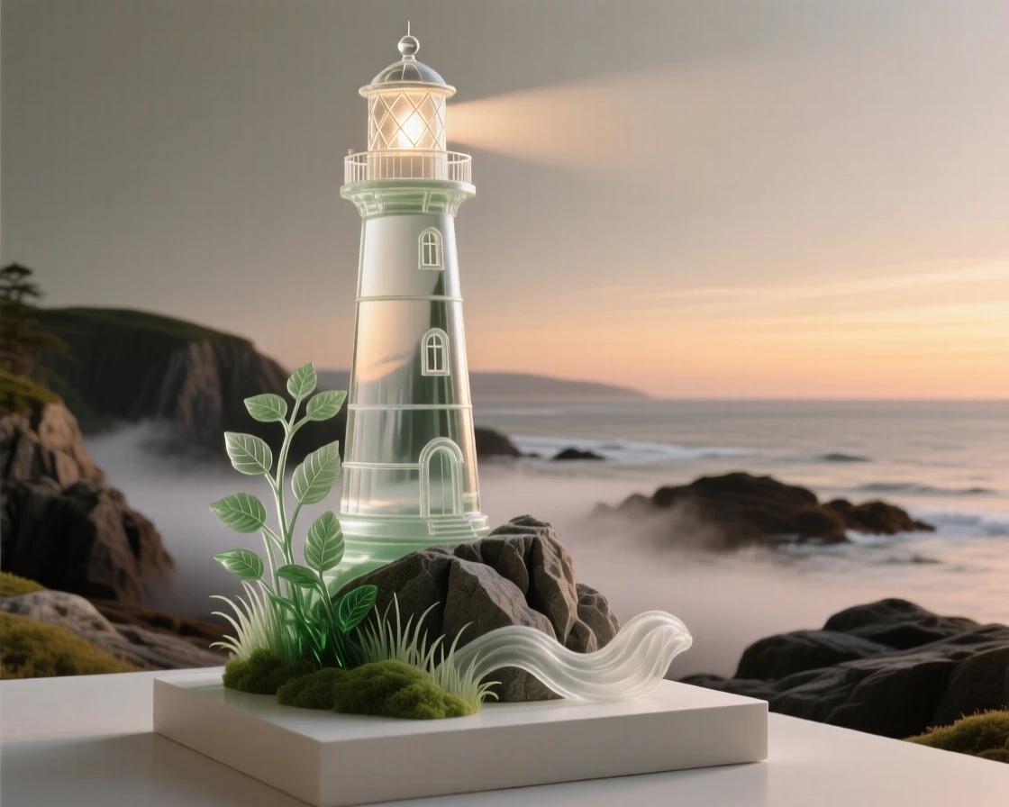 A lighthouse on a rocky coastline at dusk surrounded by lush greenery and soft morning mist, wide establishing composition, feeling serene and majestic.