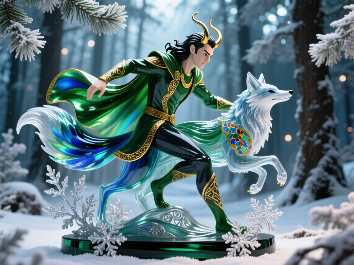 Loki shapeshifting into a fox amid a shimmering Nordic forest, mischievous and mysterious.