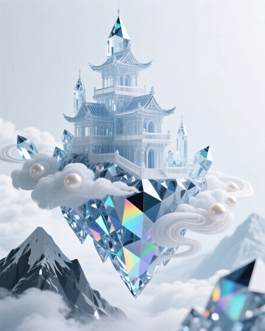 A floating monastery perched atop a mountain surrounded by swirling clouds.