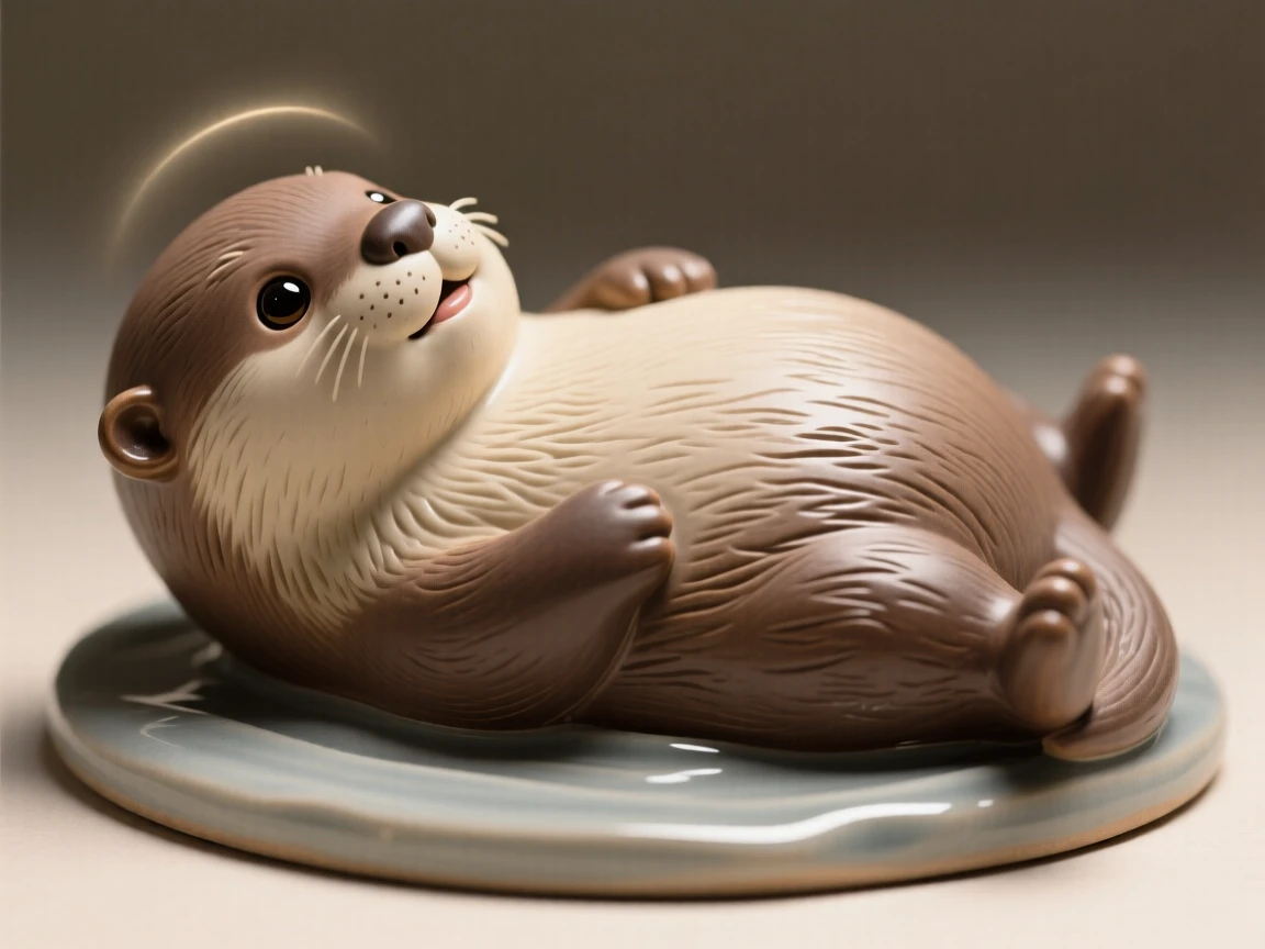 A plump baby otter floating on its back posed with an adorably curious tilt of the head, haloed by warm, gentle light, radiating adorable, joyful innocence.