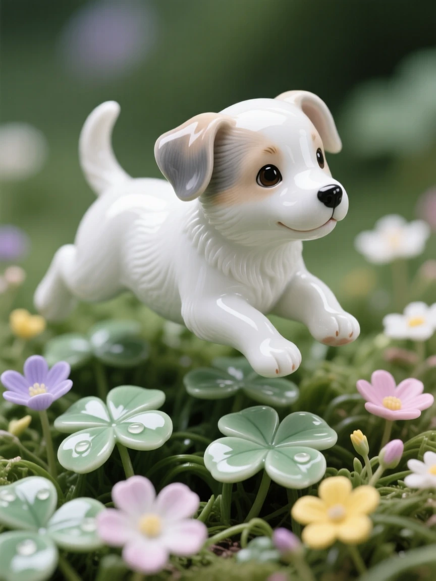 A tiny puppy hopping through a bed of clover, surrounded by tiny wildflowers.