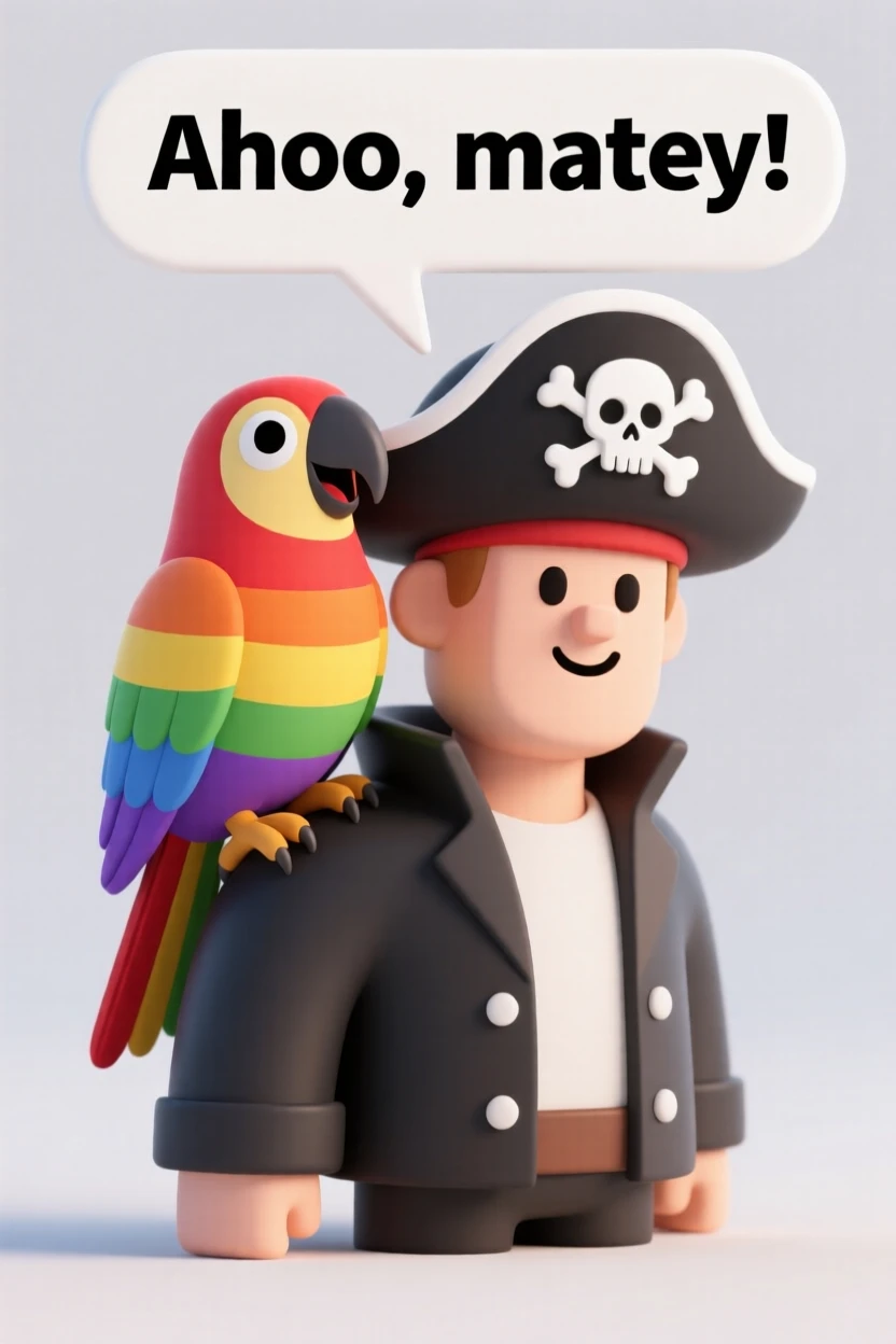 A proud parrot with vibrant rainbow feathers perches on a pirate's shoulder, squawking a cheerful greeting.