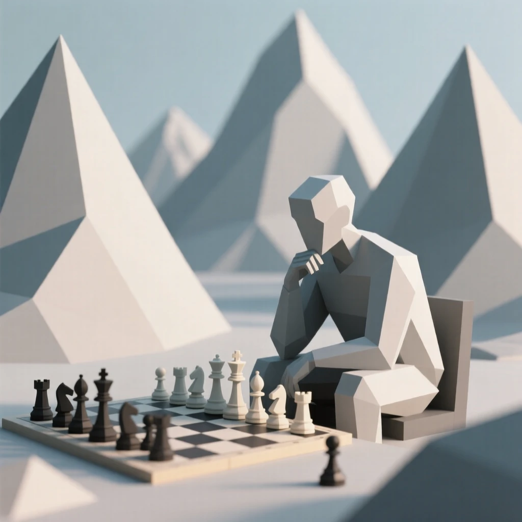 A chess player deep in thought over a game, surrounded by towering mountains. a shallow depth of field keeps the action sharply in focus. The atmosphere feels peaceful and mindful.