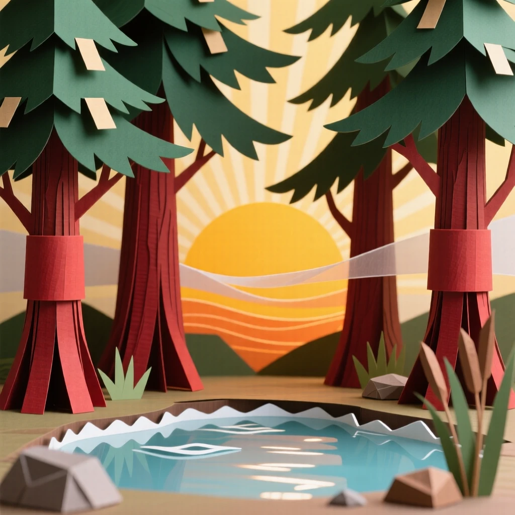 A grove of towering redwood trees at golden sunrise, with reflections shimmering on a glassy pool, conveying quiet wonder and stillness.