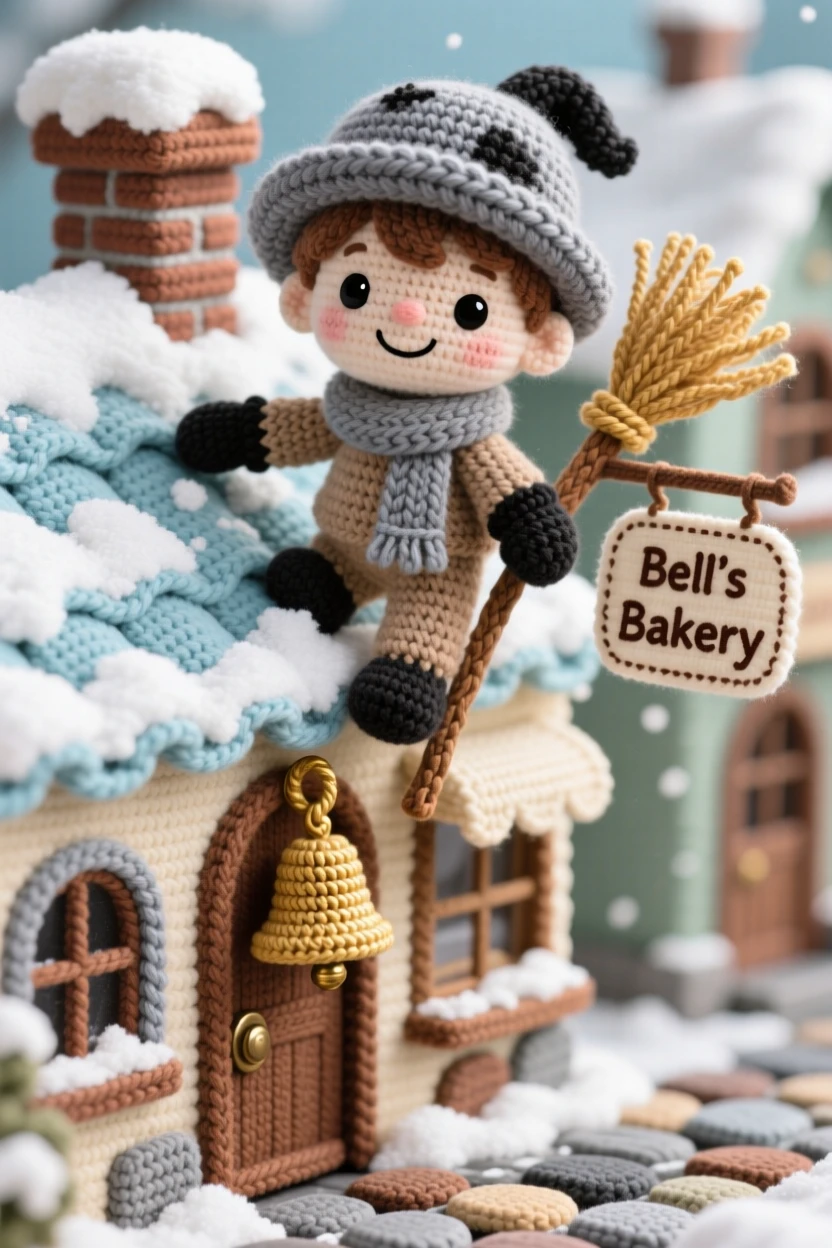 A charming scene of a small boy chimney sweep with a soot-smudged cap and a bright grin, climbing carefully onto a snowy rooftop inside a charming cobblestone street lined with shopfronts; a small brass bell hanging by the door adds to the moment, full of quiet contentment in simple daily work.