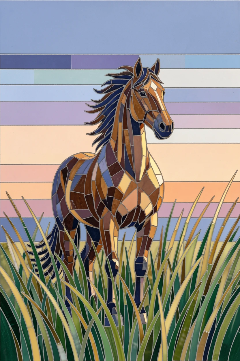 A wild horse standing in a field of tall grass at dawn, captured in soft natural light with a shallow depth of field.