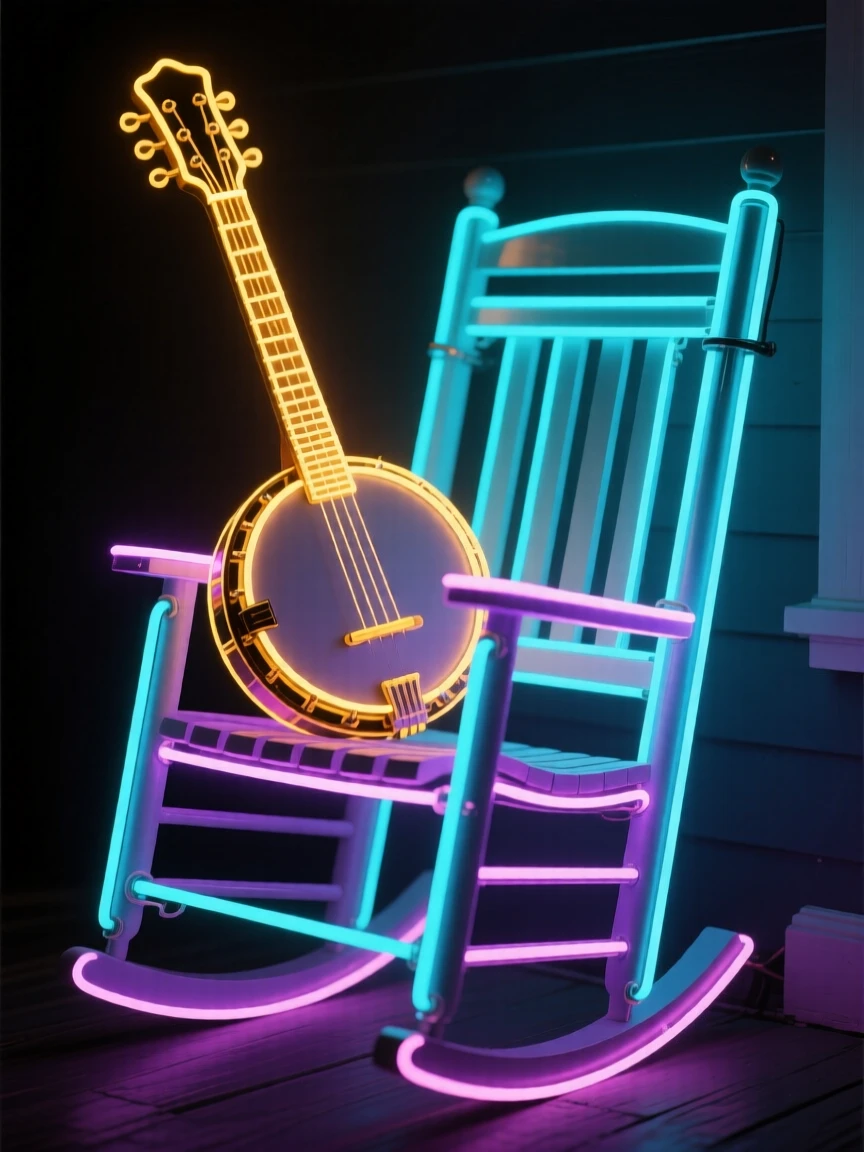 A banjo resting on a porch rocking chair.