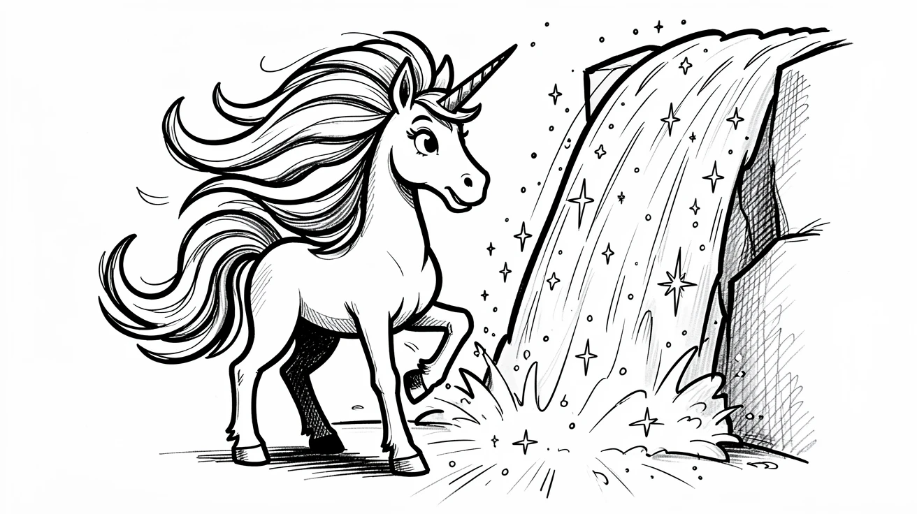 A unicorn with a flowing mane beside a waterfall of sparkling light.