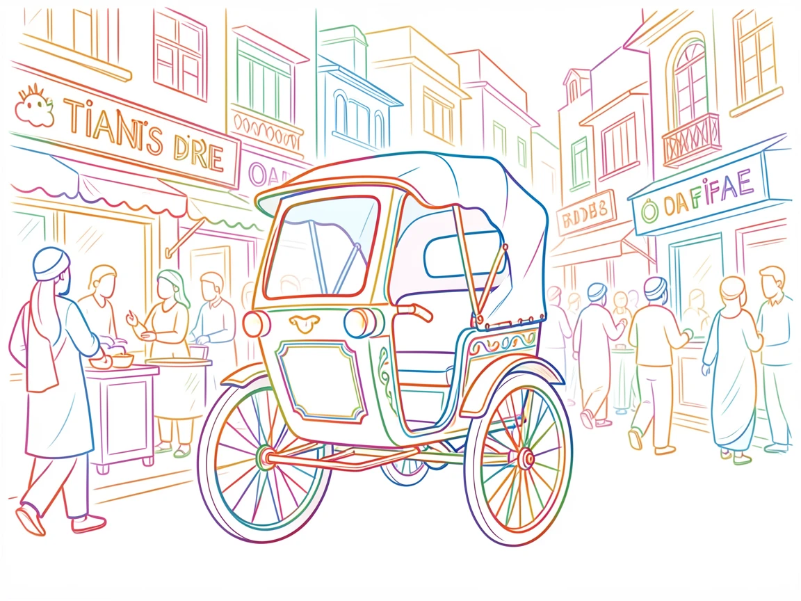 A rickshaw parked along a bustling street in old Delhi.