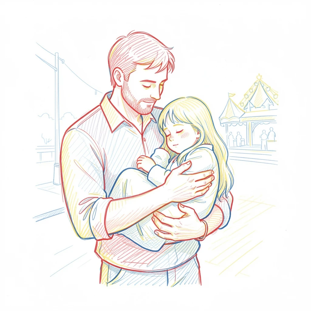 A father carrying his sleeping daughter home after a long day at the fair