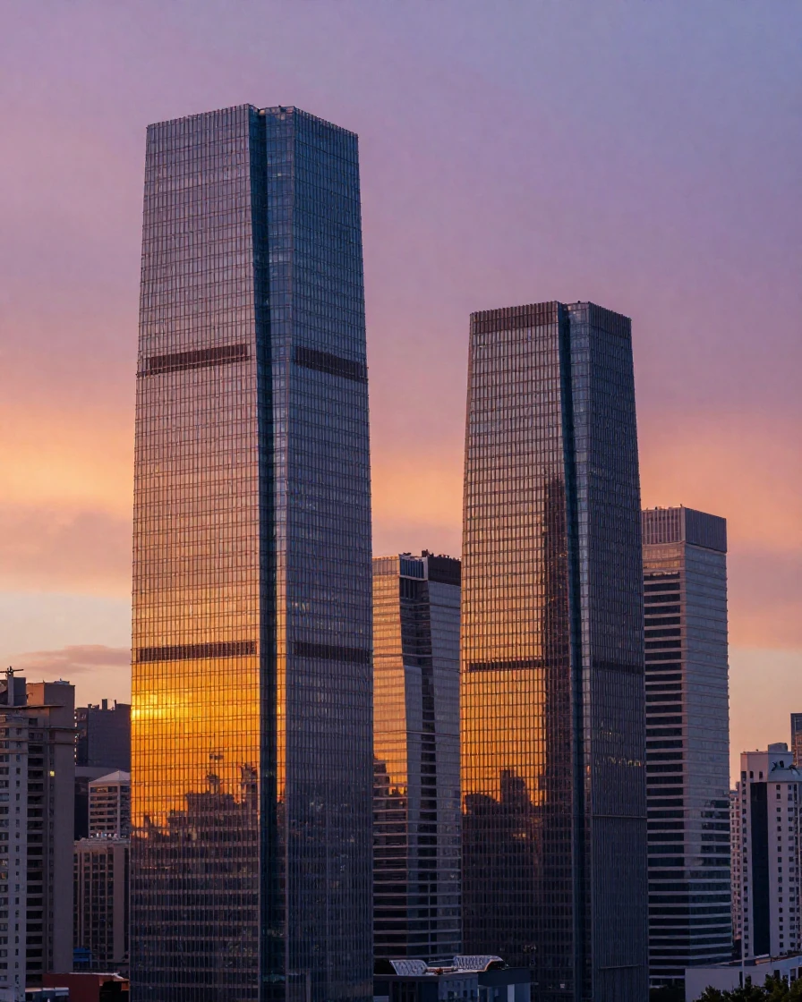 A sleek skyscraper skyline reflecting a sunset