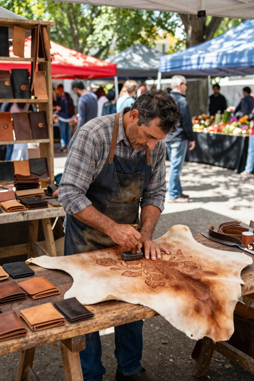 A leatherworker stamps a design into a fresh piece of hide at a market stall.